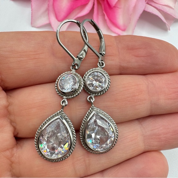 Cubic Zirconia CZ Drop Earrings Teardrop Wedding Bridal Prom Pageant Occasion - Picture 3 of 12